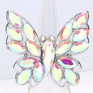 Butterfly Aurora Borealis Marquise Rhinestone Silver Stretch Ring NWT
